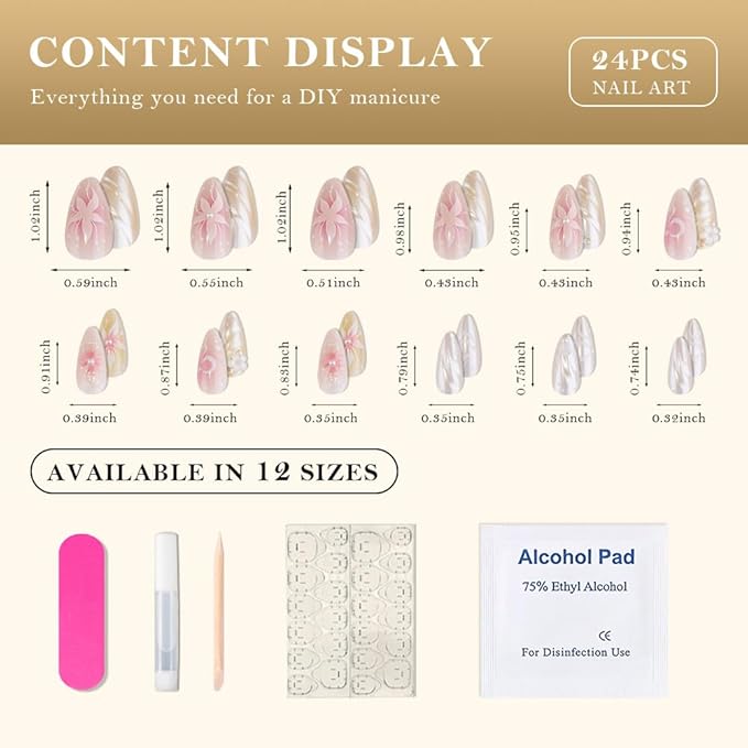evpct 3D Pearl Pink Green Handmade Press On Nails Almond Medium, 3D Flower Design Fake Nails Rusable for Spring & Summer Daily Wear, False Acrylic Nail with Kits Press ons Nail for Women Gift, 24Pcs