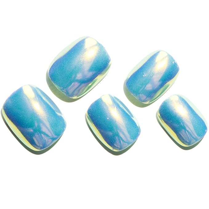 GLAMERMAID Light Blue Chrome Extra Short Press on Nails, Glazed Handmade Pure Blue Fake Nails Short Squoval, Mirror Powder Square Glue on Nails, Acrylic False Nails, Glossy Round Fake Nails for Women