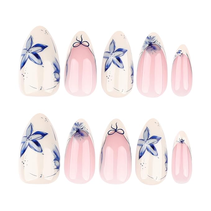 XZMeiLun Blue French Tips Press On Nails Short Almond, Flower Sticke On Nails, Floral Designer Reusable Acrylic Nails Press Ons, Fake Nails With Glue On Nails, Daily Wea False Nails For Women Girls