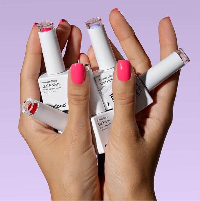 Nailboo Gel Nail Polish Kit with UV Lamp - 4 Forever Glaze Gel Polishes, Acetone Remover, Soak Bowl, Base Coat, 3 Nail Files, No Wipe Top Coat, Glossy, Chip Free Nails at Home