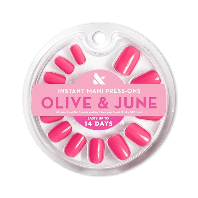 Olive & June Instant Mani Press-On Nails | (Glue) Short, Squoval 42 Fake Nails, 21 Sizes | Non-Toxic, Long-Lasting Recycled Materials Realistic Look | Salon-Quality at Home | Hot Strawberry