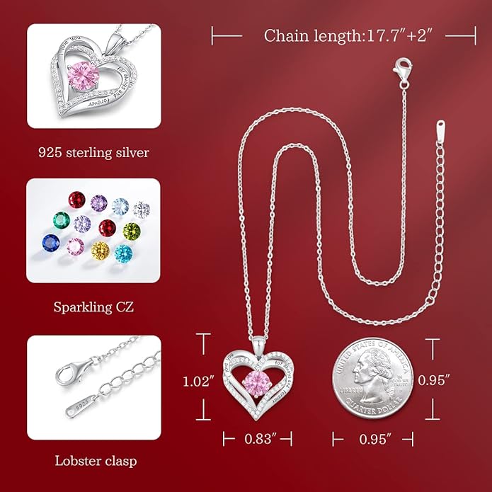 CDE Forever Love Heart Necklaces for Women, Wedding Anniversary, Birthday Mothers Day Christmas Day Gifts for Mom, Mother, Wife, friend, S925 Silver Jewelry with Birthstone Pendant