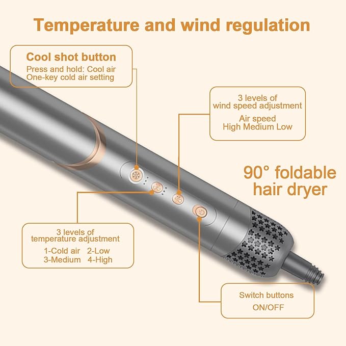 5 in 1 Hair Styler Curler & Air Dryer Brush, High-Speed Negative Ionic Foldable Hair Dryer Fast Drying, Multi Professional Hot Air Styler for Curling Volumizing Straightening Styling (Grey)