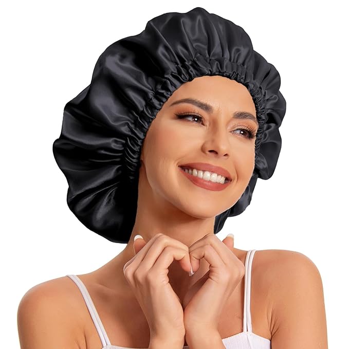 Satin Bonnet Silk Bonnet Hair Bonnet for Sleeping-Slouchy Beanie Hat Satin Sleep Cap for Women's Natural & Curly Hair(Black&Blackish Green)
