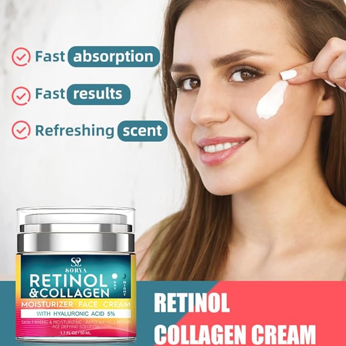 SORYA Retinol & Collagen Face Cream – Hydrating Facial Moisturizer with Hyaluronic Acid & Peptides for Daily Skin Care