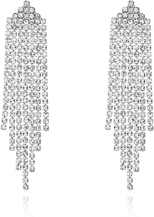 HERIER Rhinestone Earrings Dangling for Women Chandelier Statement Tassel Earrings Girls Silver Sparkly Drop Cubic Zirconia Crystal Earrings Long Dangle Costume Jewelry