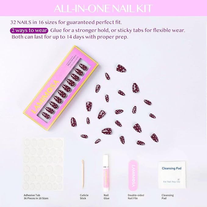 LAMIMOSA 32Pcs Polka Dots Press On Nails Short Almond - Soft Gel Brown-Red Fake Nails in 16 Sizes, Reusable Glue on Nails Kit, DOT DOT DOT