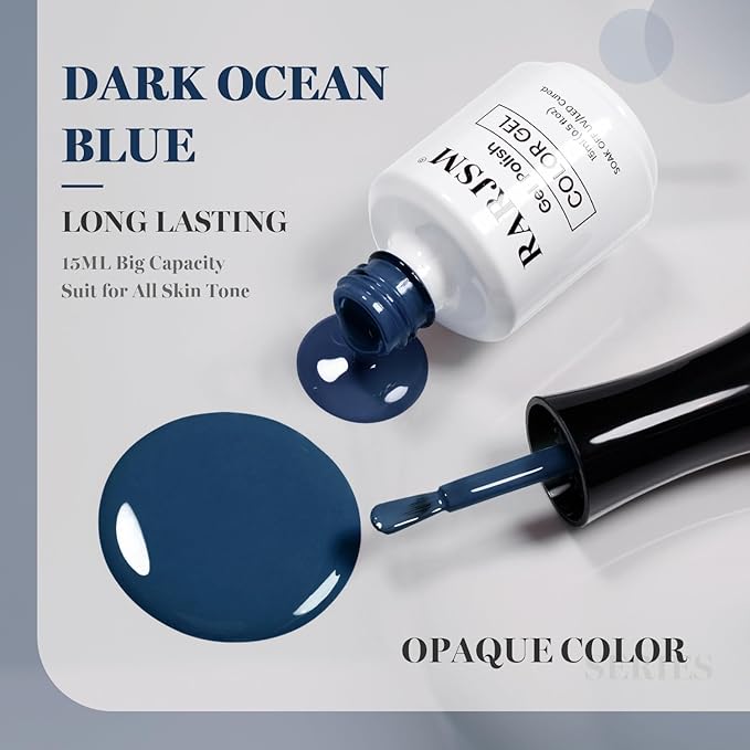 RARJSM Dark Ocean Blue Gel Nail Polish Creamy Teal Blue Gelpolish 15ML 1Pc Soak off Curing Required Nail Art French Manicure Salon DIY at Home Fall Winter
