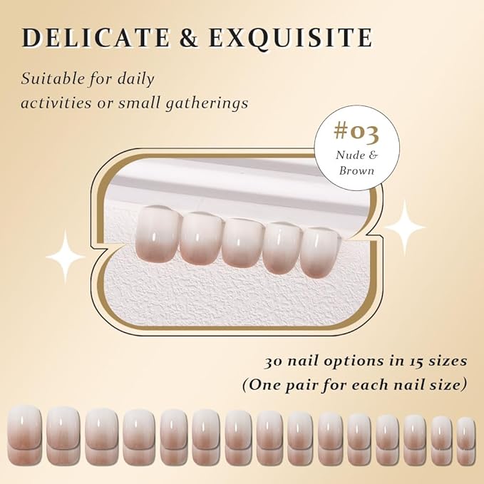evpct Ombre Nude to Brown Press on Nails Extra Short, Petite Short Square Glossy Stick on Nails for Women Gift with Manicure Kit, Reusable Soft Gel Stick on Fake Nail with Ombre Designs Perfectly Fit