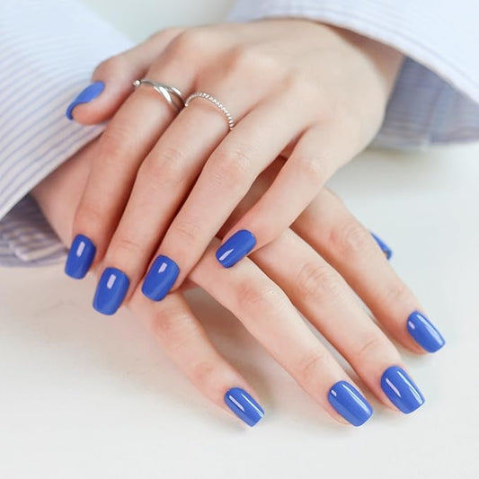 LAMIMOSA 32Pcs Blue Press On Nails Short Square - Soft Gel Fake Nails in 16 Sizes, Reusable Glue on Nails Kit, MAJORELLE BLUE