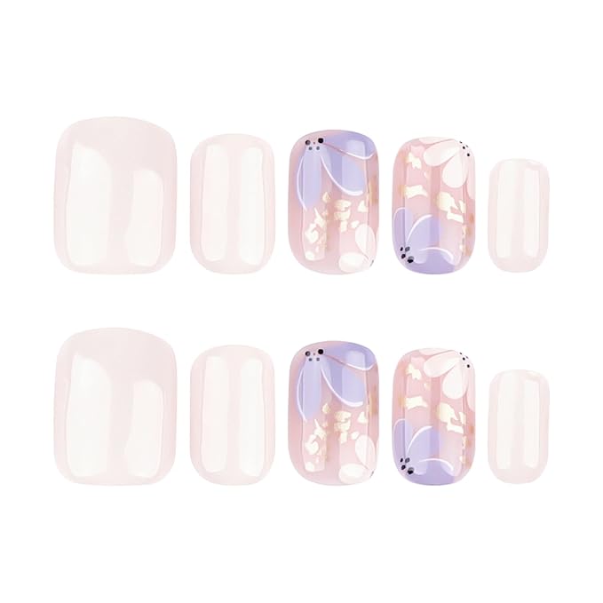 XZMeiLun Press On Nails Spring Summer Acrylic Nails for Women - Blue Gold Designer Fake Nails Short Square 24PCS, Glossy Soft Gel with Glue, Outdoor Picnic/Wedding/Party Reusable Stick On Nails Gift