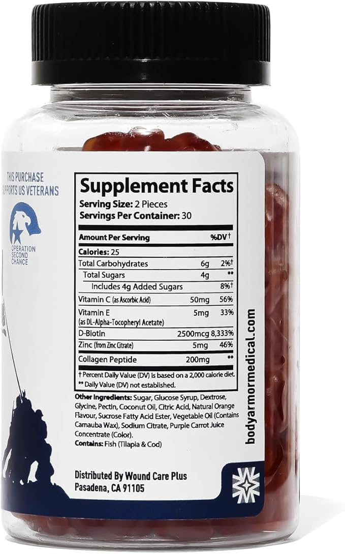 Wound Care Plus Collagen Gummies – with Collagen Peptides, Biotin, Zinc, Vitamins C & E – Supports Skin, Hair & Nail Health – Pectin-Based, Gluten-Free, Non-GMO – 60 Chewable Gummies