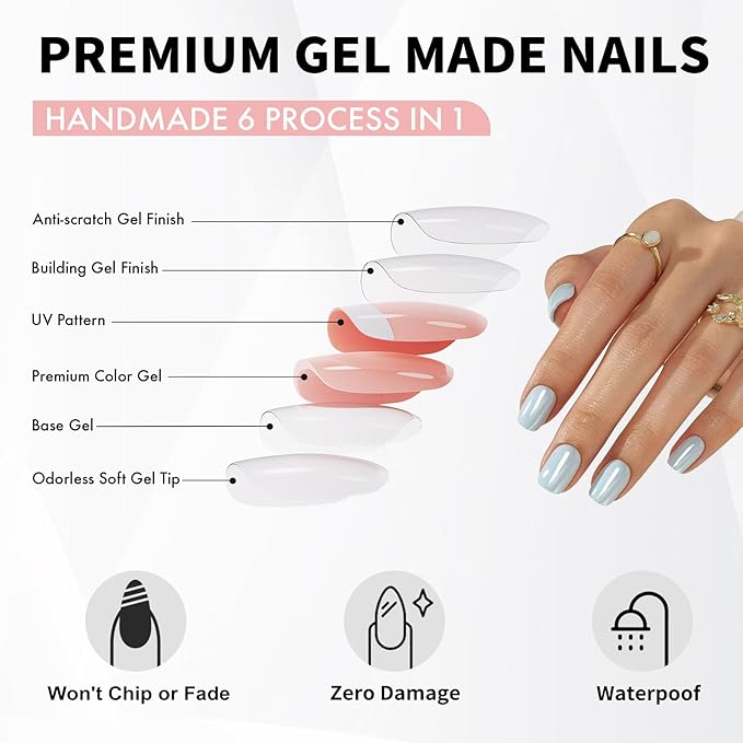 SHANGMENG Chrome Press on Nails Square - Soft Gel Blue Press on Nails Short for Women Gift, Glossy & Natural Stick on Nails with Glue in 16 Sizes - 32 Reusable Fake Nails, Aurora Light Blue
