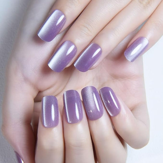 Lavender Purple Cat Eye Press on Nails Medium Square, Medium Square Press Stick on Nails Chrome for Women, Purple Holographic Glitter Glossy Reusable Gel Acrylic Fake Nail with Design Cateye Effect