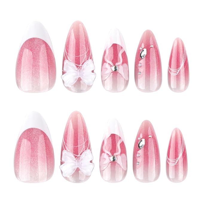 24pcs Pink Glitter French Tip Press on Nails Medium Almond Fake Nails Glossy Gradient False Nails with Rhinestones Design Bow Stick on Nail Glue on Nails Acrylic Artificial Nail for Women