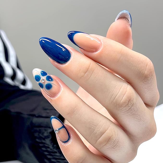 24Pcs Blue Hand-painted Carved Nails for Summer, French Blue Floral Nails Sweet Almond Press Ons Medium-Short Stick on Nails Fake Nails Set Rhinestones Nail For Women