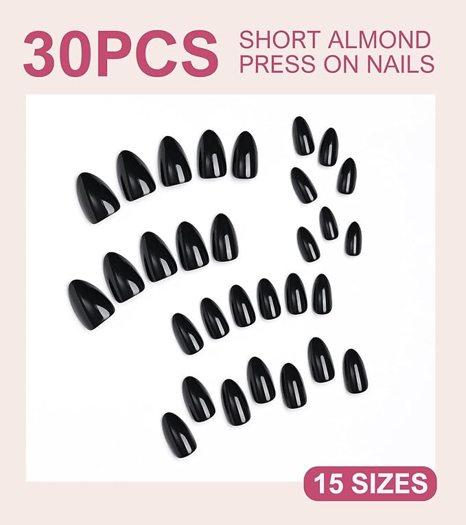 Morily Black Press on Nails Almond, 30Pcs Short Fake Nails Glossy Acrylic False Nails Reusable Full Cover Stick on Nails for Women, 15 Sizes, Thicker Fingertips