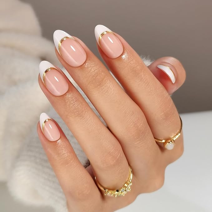 SHANGMENG White French Tip Press on Nails with Gold Line Design - Soft Gel Valentines Almond Nails Short for Women, Glossy Glue on Nails with Glue in 16 Sizes - 32 Reusable Fake Nails, Gold Ribbon