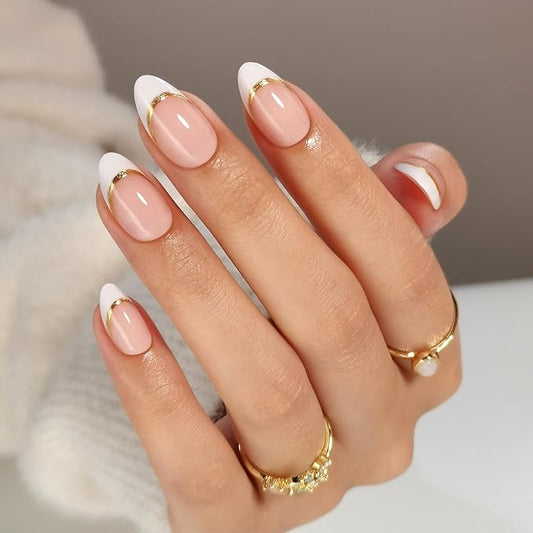 SHANGMENG White French Tip Press on Nails with Gold Line Design - Soft Gel Valentines Almond Nails Short for Women, Glossy Glue on Nails with Glue in 16 Sizes - 32 Reusable Fake Nails, Gold Ribbon