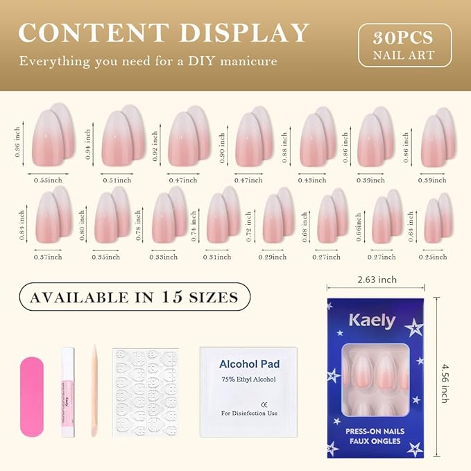 Ombre Pink to White Press on Nails Medium Almond, Medium Almond Glossy Stick on Nails Press on for Women with Manicure Kit, Reusable Acrylic Soft Gel Stick on Fake Nail with Ombre Design Perfectly Fit
