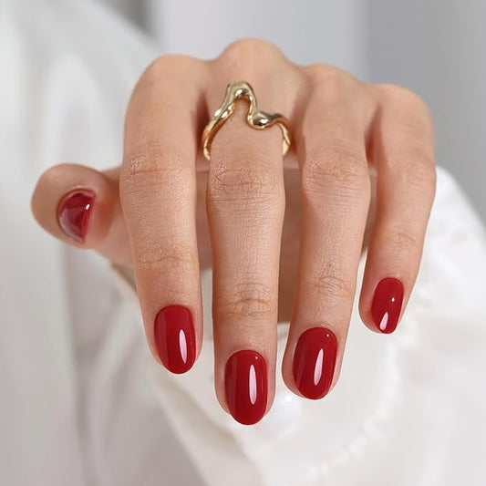 SHANGMENG Red Press on Nails Oval for Women Gift - Soft Gel Valentines Press on Nails Short with Glue, Fit Perfectly & Natural Glue on Nails in 16 Sizes - 32 Reusable Fake Nails, Cherry Red