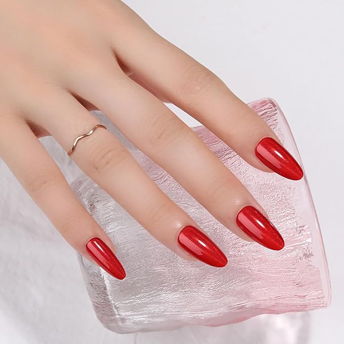 XZMeiLun 24Pcs Red Holographic Acrylic Press on Nails Short Almond - Reusable Fake Nails with Nail Glue Kit, Long Lasting Chameleon Static Nails for Women Daily Wear & Parties (Glossy Laser Design)