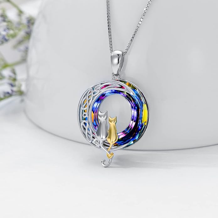 TOUPOP Cat Gifts for Cat Lovers One Two Three Four Cats Necklace Sterling Silver Cats on the Moon Pendant Necklace with Blue Circle Crystal Birthday Christmas Celtic Jewelry Gifts for Women