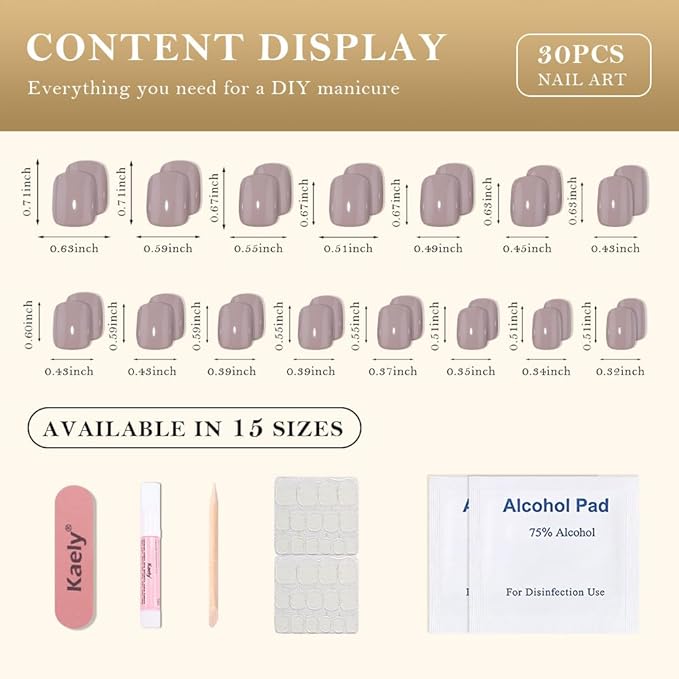 evpct Acrylic Taupe Glossy Press on Nails Short Square, Glossy Taupe Fake Nails Reusable False Nail Stick on Press ons for Women Gifts, Perfectly Fit Durable False Nail Kit with Gel Gel 30Pcs