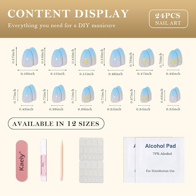 evpct Ombre Sky Blue Glossy Press on Nails Short Almond, Sky Blue Fake Nails Reusable 3D Flower Design, Acrylic False Nail Stick on Press ons for Women Gifts, Ombre False Nail Kit with Kits 24Pcs