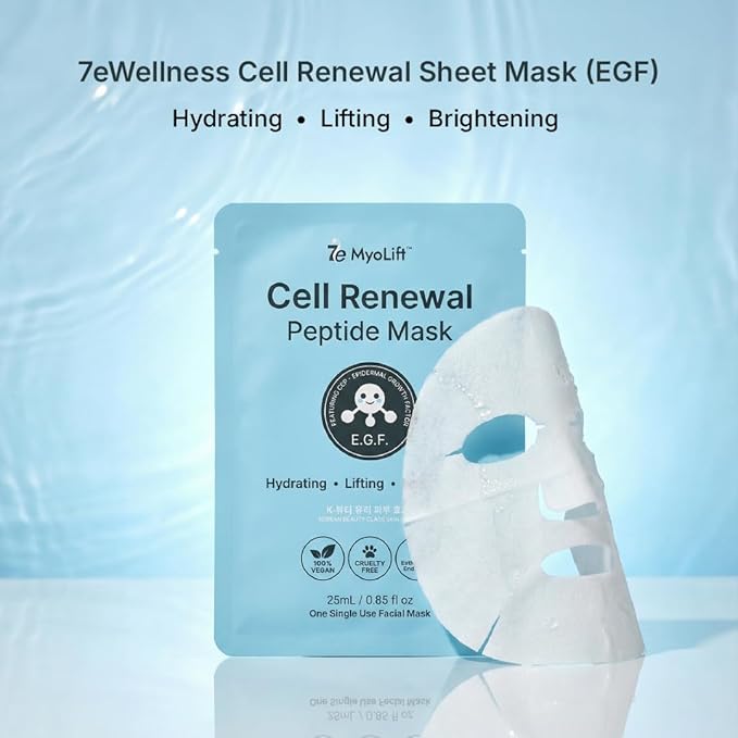 MYOLIFT Cell Renewal Peptide Mask(EGF)– 100%Vegan, Bio-Cellulose FaceMask for CellRenewal, Skin Firming, Hydrating & Brightening-with Niacinamide, Hyaluronic Acid& EGF|Korean Skincare Sheet Mask–Pack5