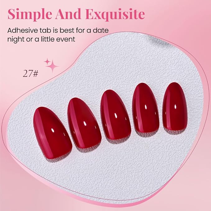 evpct Glossy Press on Nails Short Almond Short for Women, Dark Red Fake Nail with Kits Salon Quality Reusable Stick on Nails In 15 Sizes 30Pcs Full Cover False Nail Soft Gel Set Kit for Gift, 27
