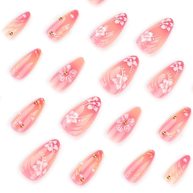 24Pcs French Tip Press on Nails Hand Painted Almond Fake Nails Nude Pink False with 3D Pearl Charms Designs Acrylic Artificial Nails Full Cover Summer Flower Nail Art Stick on Nails for Women