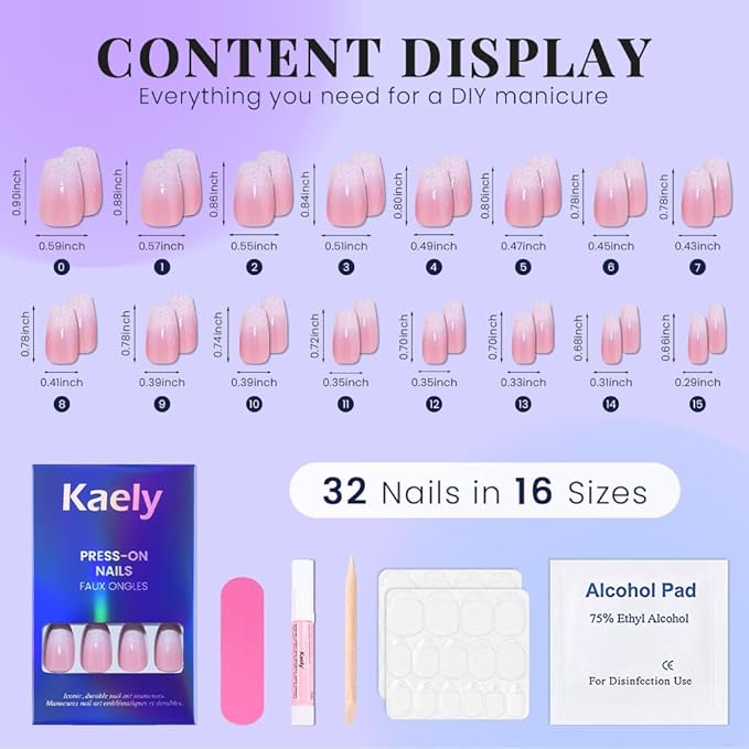 evpct Ombre Gold to Pink Press on Nails Short Coffin, Short Coffin Glossy Stick on Nails for Women Gift with Manicure Kit, Reusable Soft Gel Stick on Fake Nail with Ombre Designs Perfectly Fit