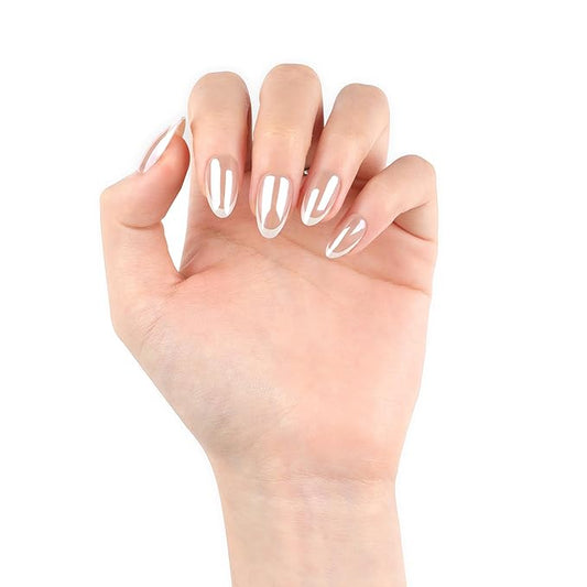 XZMeiLun Press On Nail, French Tip Chrome Acrylic Press On Nails Short Almond, Designer Reusable Glazed Fake Nails, Glossy Soft Gel Nails Wedding and Party, Stick On Glue On Nails Press Ons for Women