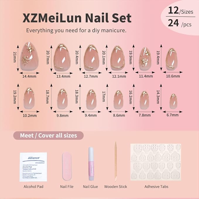 XZMeiLun Short Almond Press on Nails with French Tip & 3D Gold Line Star Design, Glossy Full Cover Acrylic False Nails with Glue, Reusable Stick - Glue on Fake Nails for Women- Fall Nail Art Gift