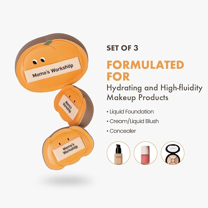 Cute Pumpkin Makeup Sponge 3-Pack, High-Density Rubycell for Cream Skin Finish, 1 Large + 2 Mini for Foundation & Concealer, Soft & Elastic for Dry Skin,Travel-Friendly