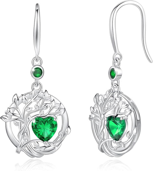 FANCIME Tree of Life Dangle Drop Earrings 925 Sterling Silver Dainty Round Gemstone Birthstone Earring Fine Jewelry Birthday Christmas Gifts for Her Women
