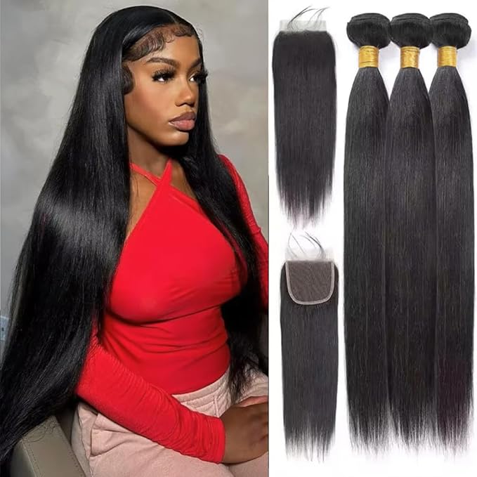 Human Bundles with Closure Straight Brazilian Human Hair Weave Bundles with 4x4 Closure (20 22 24+18 Closure) Unprocessed Virgin Weave Hair Bundles Black Color