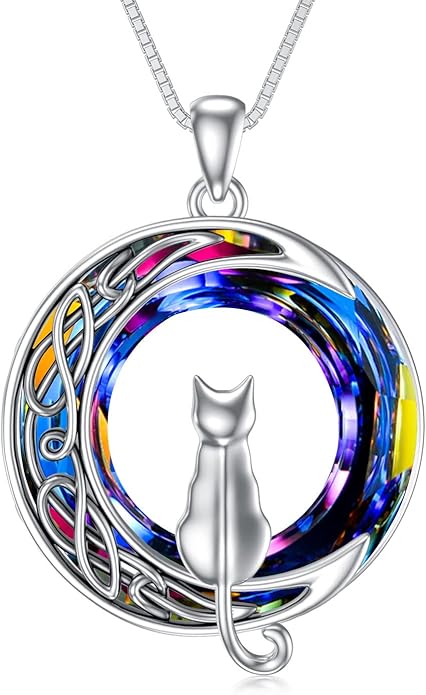 TOUPOP Cat Gifts for Cat Lovers One Two Three Four Cats Necklace Sterling Silver Cats on the Moon Pendant Necklace with Blue Circle Crystal Birthday Christmas Celtic Jewelry Gifts for Women