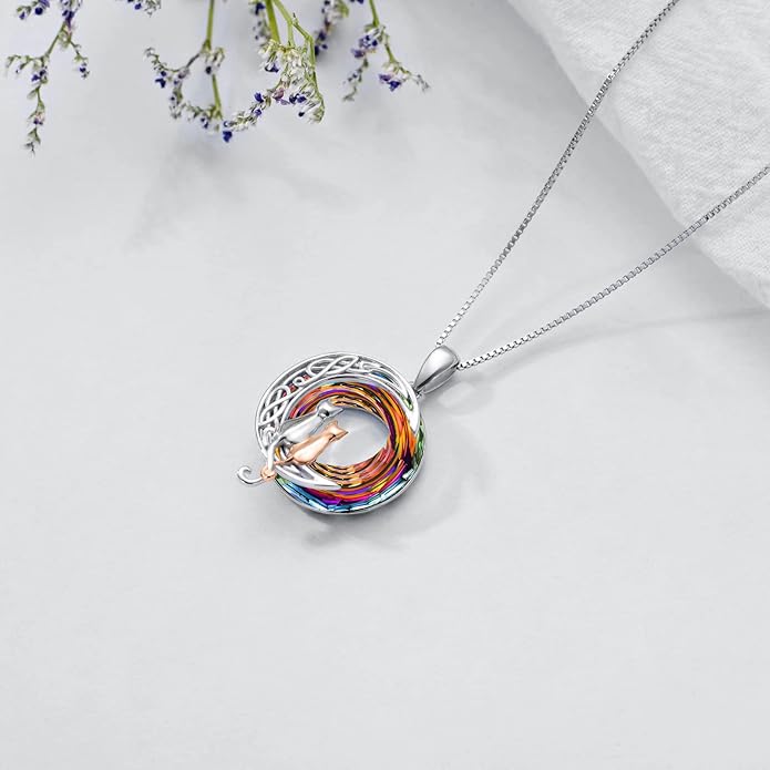 TOUPOP Cat Gifts for Cat Lovers One Two Three Four Cats Necklace Sterling Silver Cats on the Moon Pendant Necklace with Blue Circle Crystal Birthday Christmas Celtic Jewelry Gifts for Women