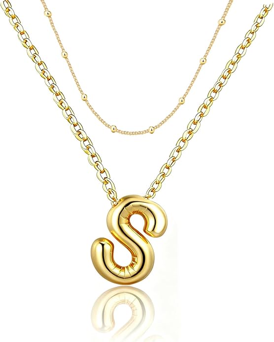 PANSHI Gold Initial Necklaces Gifts for Teen Girls Women Girlfriend Teen Girl Gifts Trendy Stuff Layered Bubble Letter Necklace Gold Jewelry Birthday Gift