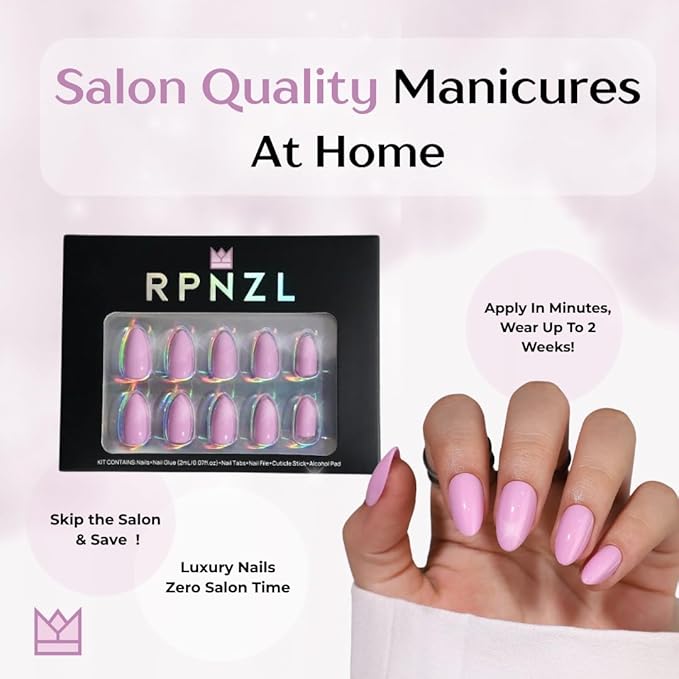 RPNZL Press On Nails - Pretty In Pink | Pink Medium Almond, UV Finish, Reusable | 32 Nails, 16 Sizes Kit with Glue and Adhesive Tabs I Female Founded