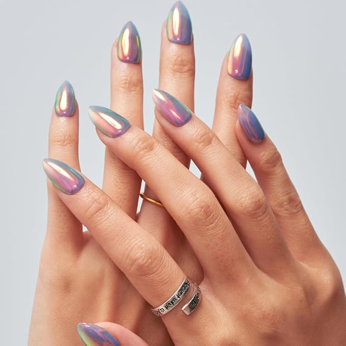 GLAMERMAID Blue Chrome Mermaid Press On Nails Short Almond, Mirror Powder Handmade Soft Jelly Gel Fake Nails, Glazed Donut Round Oval Stick Glue on Nails Kit for Women, Reusable Acrylic False Nail Set