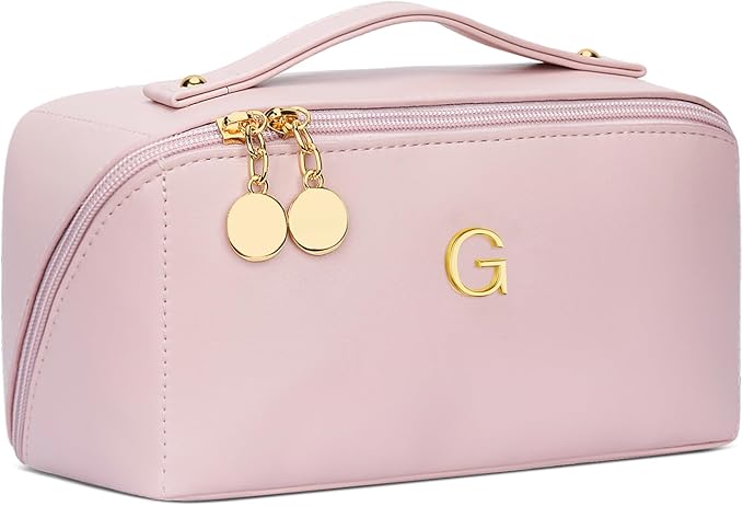 Gifts for Women Bridesmaid Gifts Personalized Initial Makeup Bag PU Leather Cosmetic Waterproof Travel Toiletry Bag (Medium)