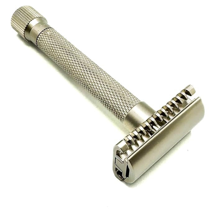 The Parker VARIANT OPEN COMB - ADJUSTABLE Double Edge Safety Razor, Customize your Shave with a Turn of the Dial from Mild to Aggressive - 5 Blades Included (SATIN CHROME)