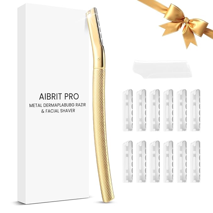 AIBRIT PRO Dermaplaning Tool for Face, Dermaplane Razor for Peach Fuzz with Metal Grip, Professional Eyebrow Razor for Women, Facial Razor for Women Gold (12 Replaceable Blades)