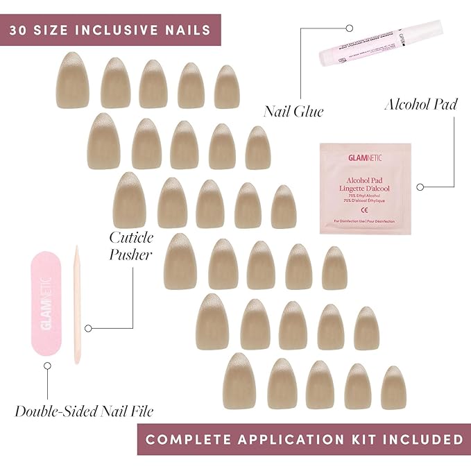 Glamnetic Press On Nails - Honey Bun | Trendy Neutral Nude Velvet Sparkly Short Almond Fake Nails, Salon Quality | 15 Sizes - 30 Nail Kit