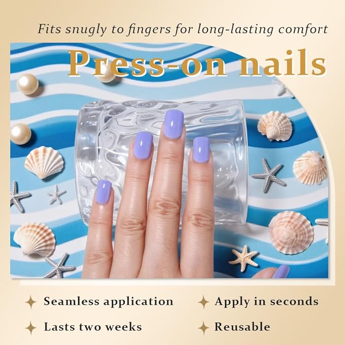 evpct Blue Glossy Press on Nails Short Square, Glossy Blue Fake Nails Summer Reusable, Acrylic False Nail Stick on Press ons for Women Gifts, Perfectly Fit Durable False Nail Kit with Kits 30Pcs