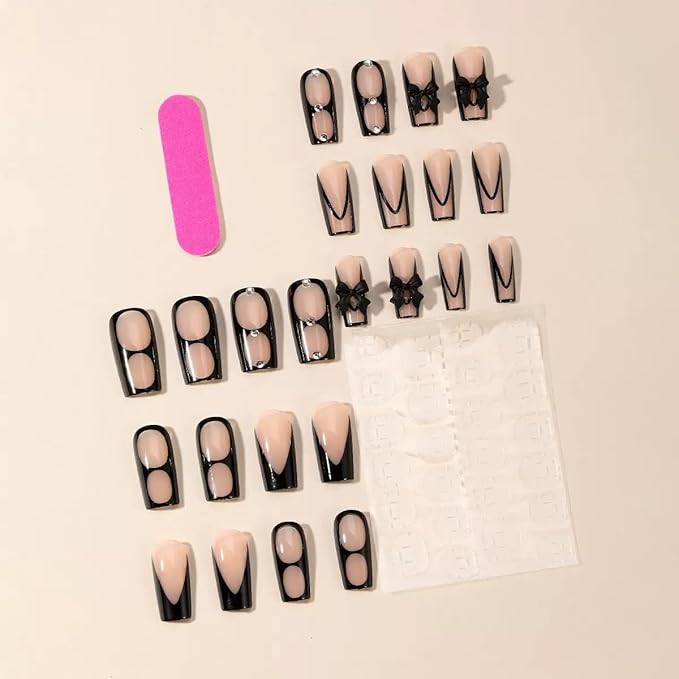 CTTHNBD Press on Nails Square - Black French Tip Fake Nails with Bow Rhinestone Design - Glossy Medium False Nails Press Ons- for Women Manicure 24 Pcs