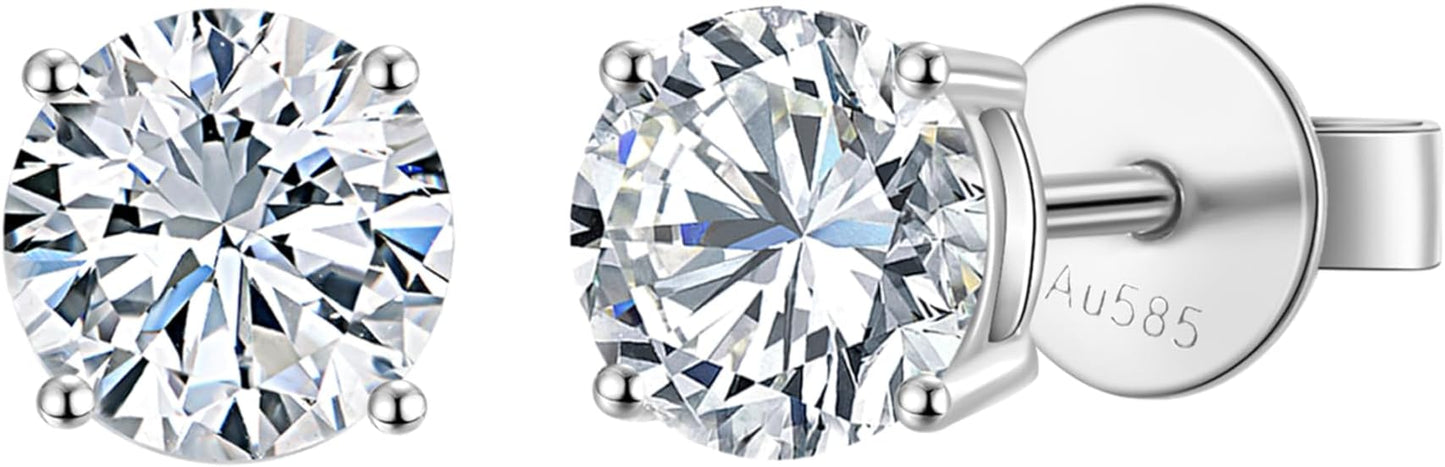 14K White Gold Lab Grown Diamond Stud Earrings, 0.5-2.00 Ct Round IGI Certified, E-F Color VS1-VS2 Clarity, Push Back Setting